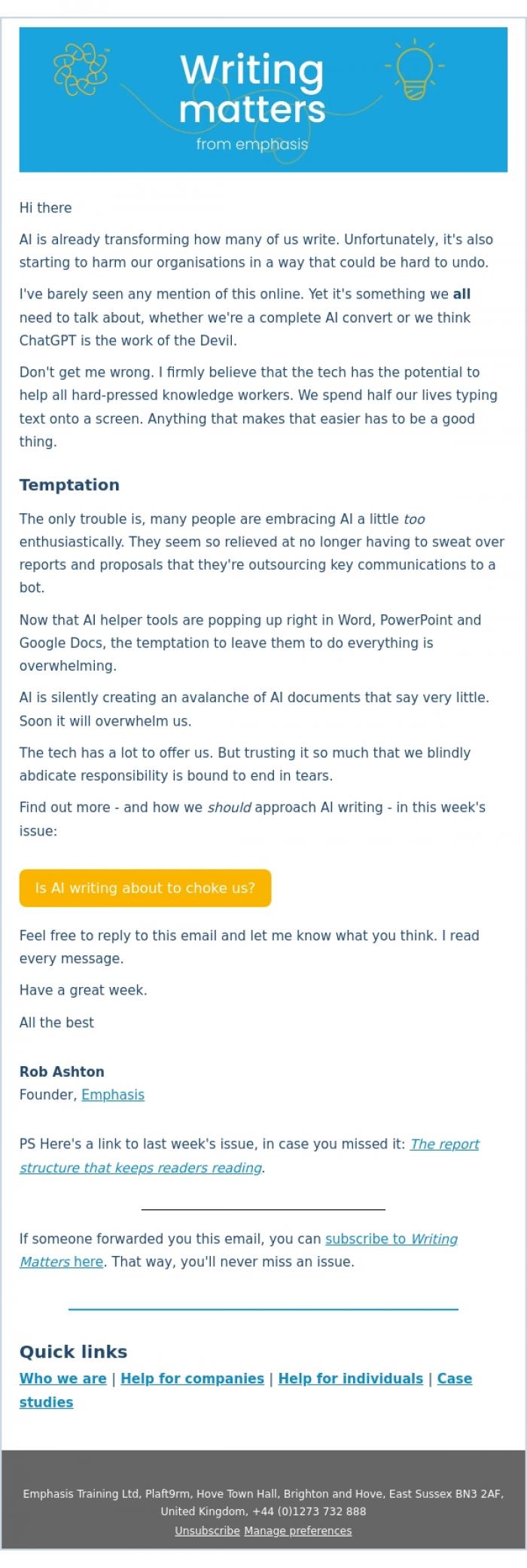 Email Design Inspiration from Rob Ashton, Is AI writing about to choke us all?