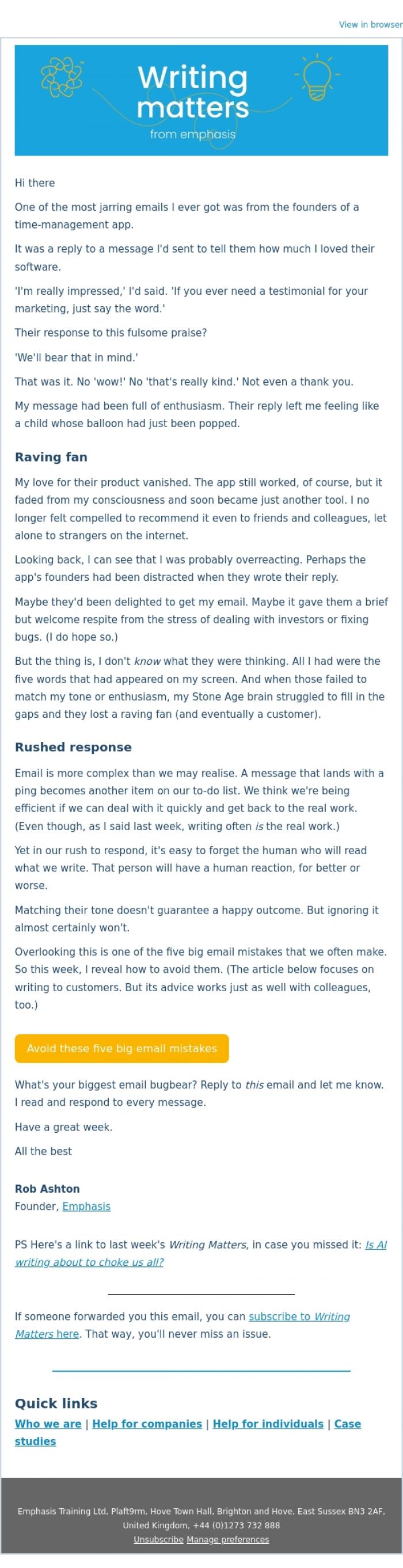 Email Design Inspiration from Rob Ashton, Avoid these five big email mistakes