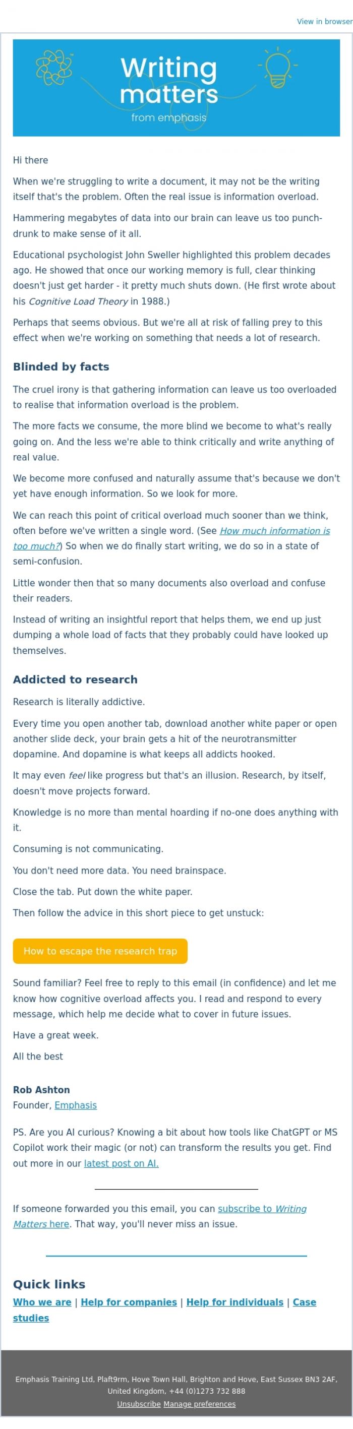 Email Design Inspiration from Rob Ashton, Not ready to write yet?