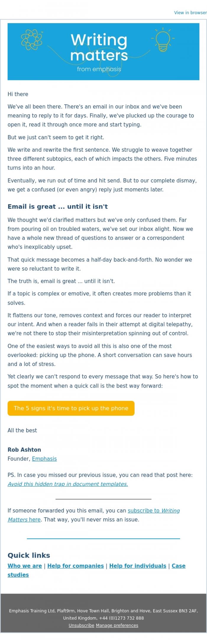 Email Design Inspiration from Rob Ashton, Should your next email be a phone call?