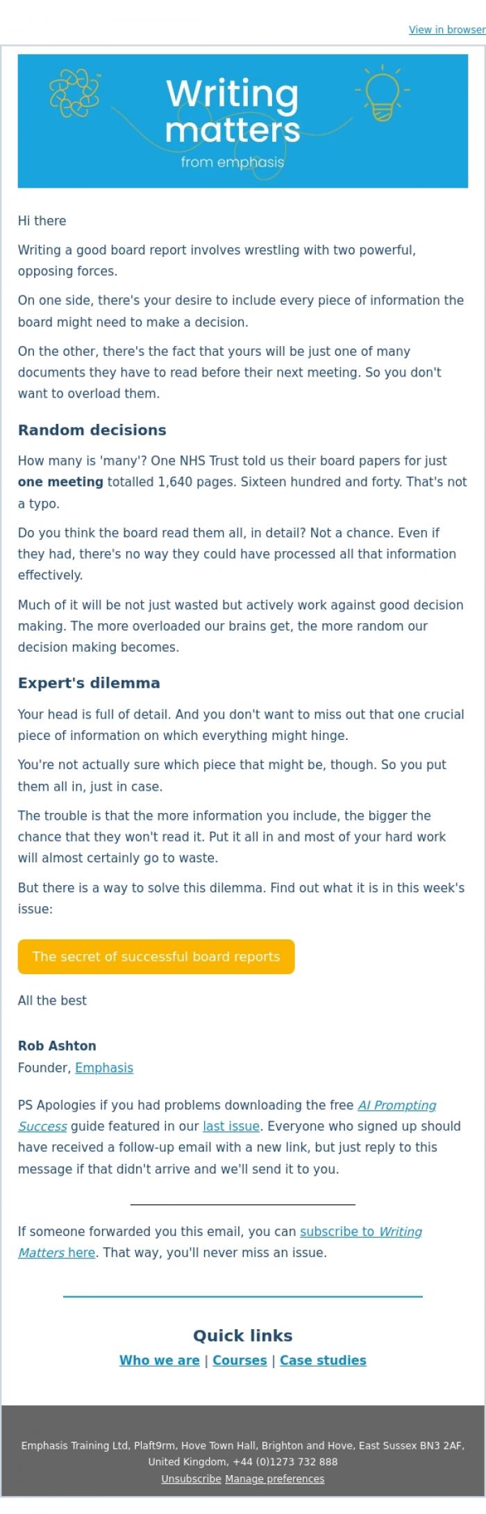 Email Design Inspiration from Rob Ashton, The one thing to avoid when writing for the board