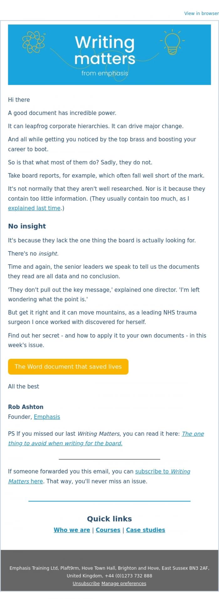 Email Design Inspiration from Rob Ashton, The simple Word document that saved lives
