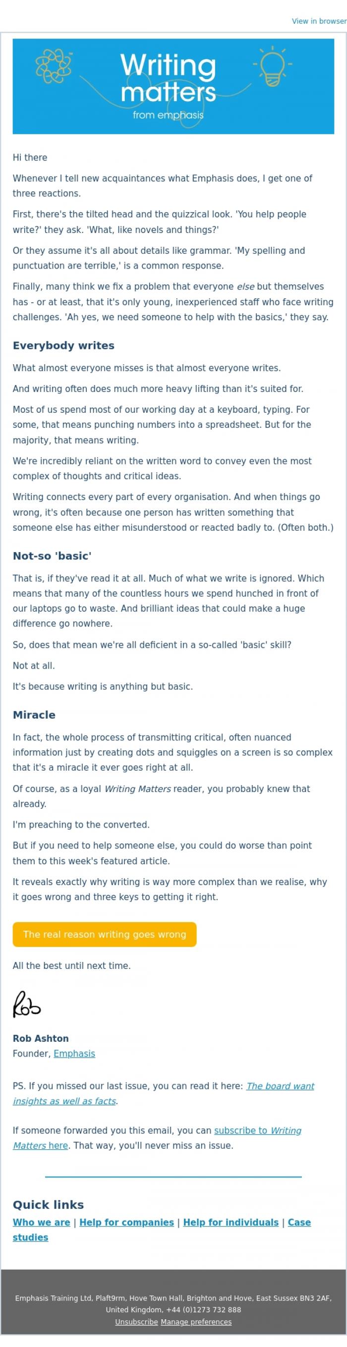 Email Design Inspiration from Rob Ashton, The real reason writing goes wrong