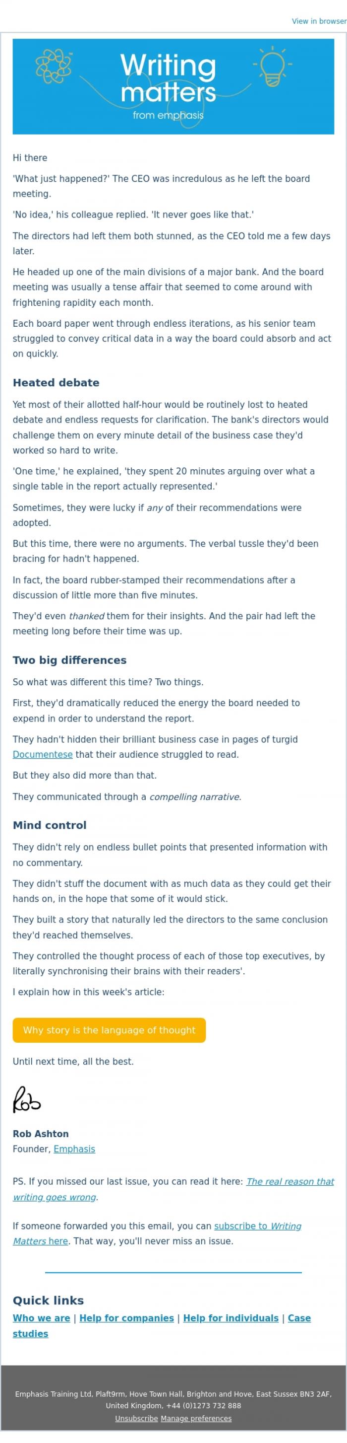 Email Design Inspiration from Rob Ashton, Are you using the language of thought?