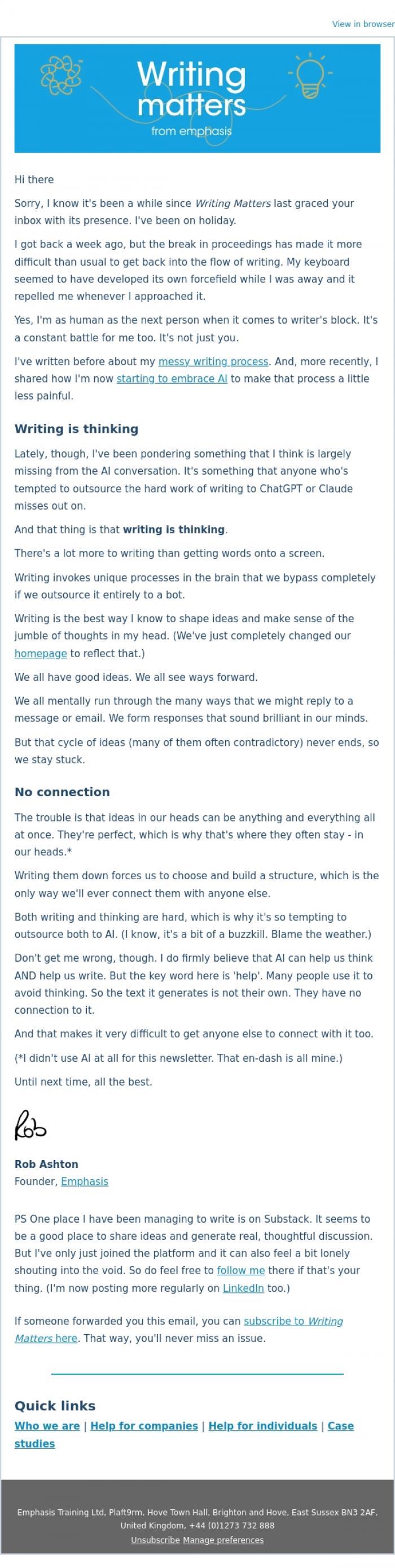 Email Design Inspiration from Rob Ashton, The trouble with AI writing
