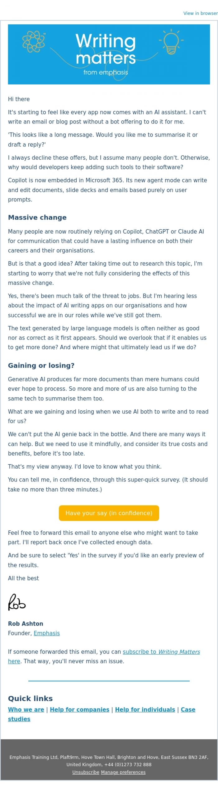 Email Design Inspiration from Rob Ashton, Are AI writing apps helping or holding you back?