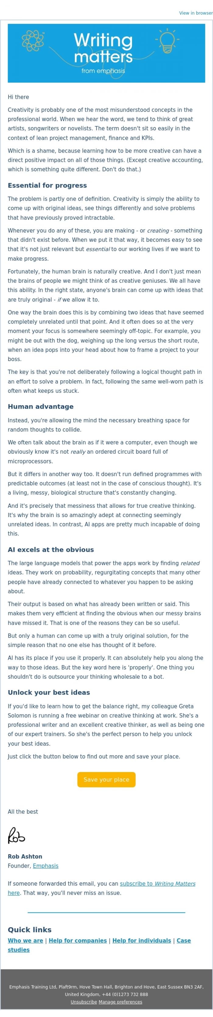 Email Design Inspiration from Rob Ashton, Why humans beat the bots at creativity