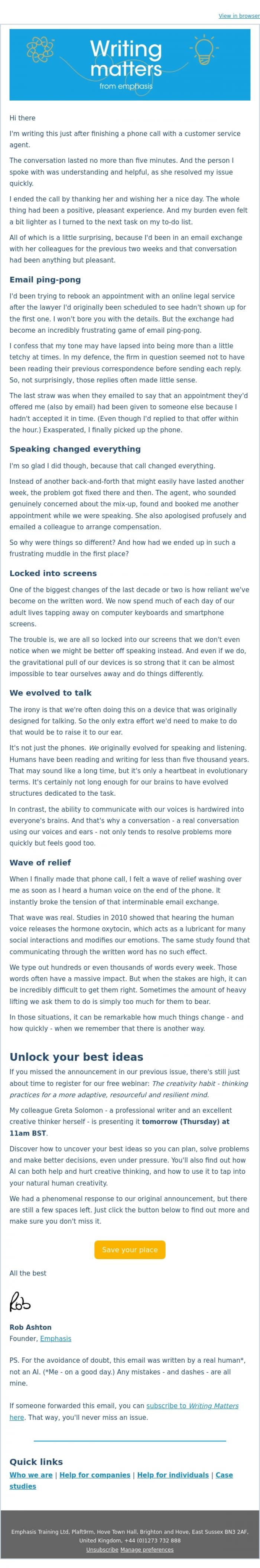 Email Design Inspiration from Rob Ashton, Why it's still good to talk