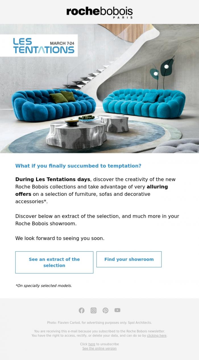 Email Design Inspiration from Roche Bobois, Les Tentations prices, starting tomorrow