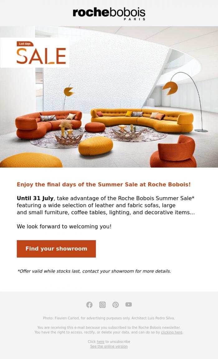 Email Design Inspiration from Roche Bobois, Only a few days left to take advantage of the Summer Sale!