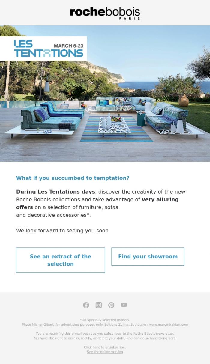 Email Design Inspiration from Roche Bobois, Les Tentations, only until 23 March