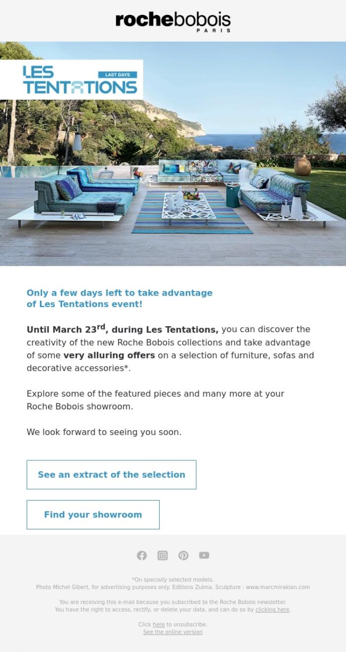 Email Design Inspiration from Roche Bobois, Les Tentations, final days to take advantage