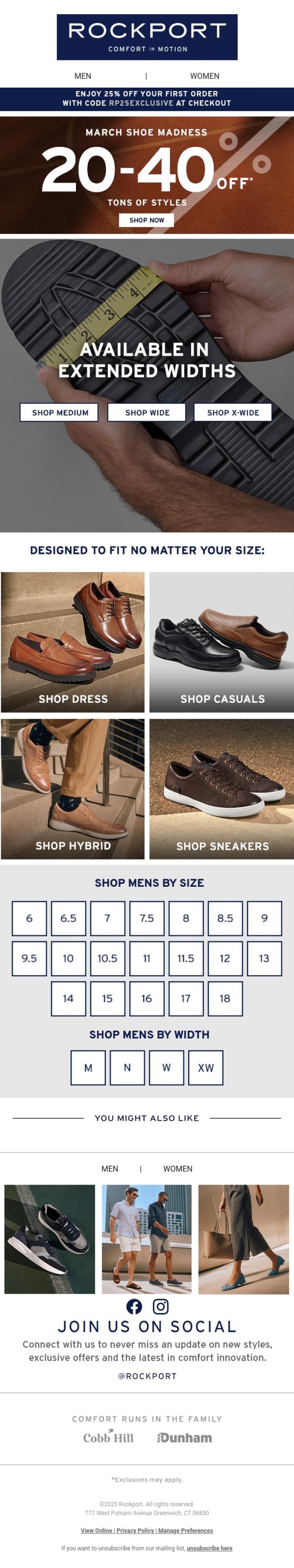 Email Design Inspiration from Rockport, Find the Perfect Fit with Extended Sizing