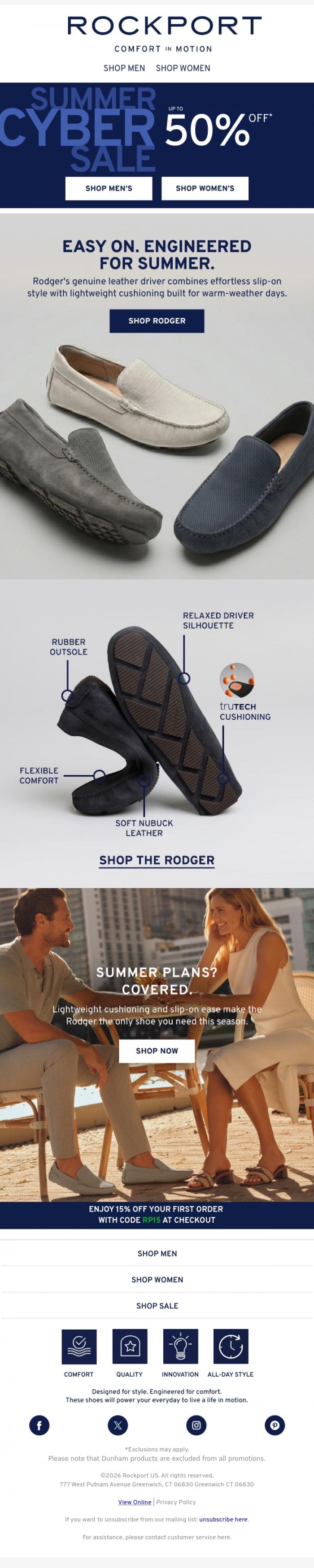 Email Design Inspiration from Rockport, Genuine Leather ✔️ Effortless Slip-On ✔️ Major Comfort✔️