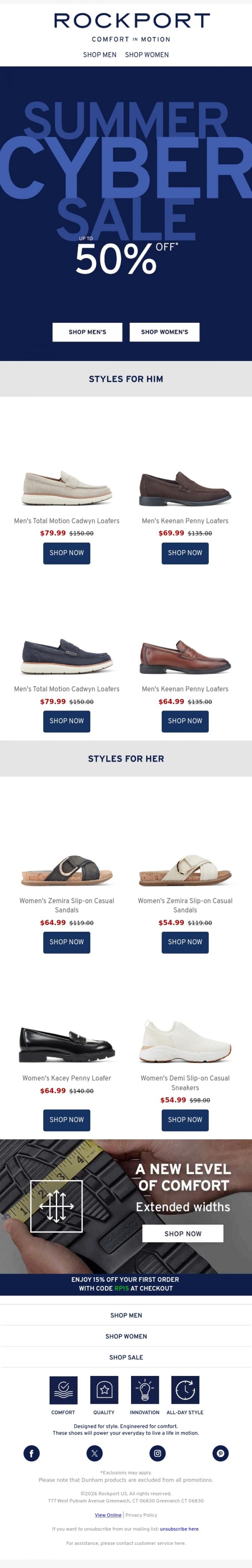 Email Design Inspiration from Rockport, 50% OFF Select Oxfords, Sandals & Sneakers