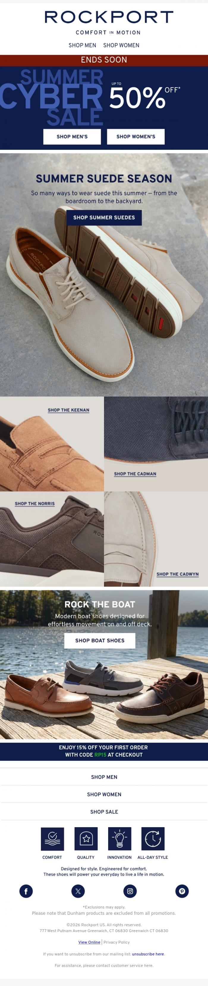 Email Design Inspiration from Rockport, Comfortable Suedes, Made for Summer