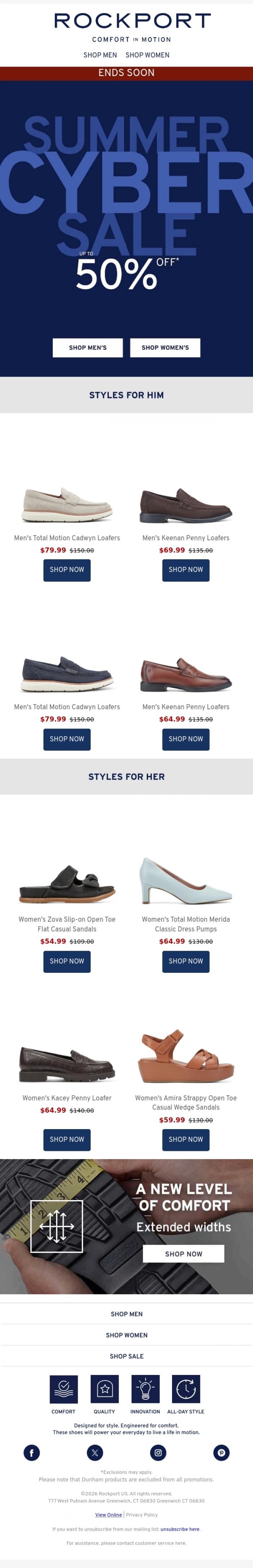 Email Design Inspiration from Rockport, 50% OFF YOUR SIZE Ends Soon!