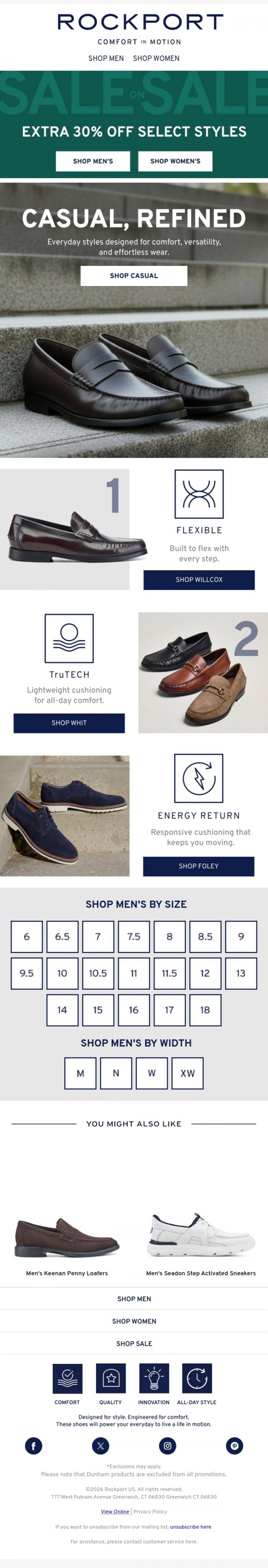 Email Design Inspiration from Rockport, Casual Lace Ups, Cushioned Comfort, Extra 30% Off Sale