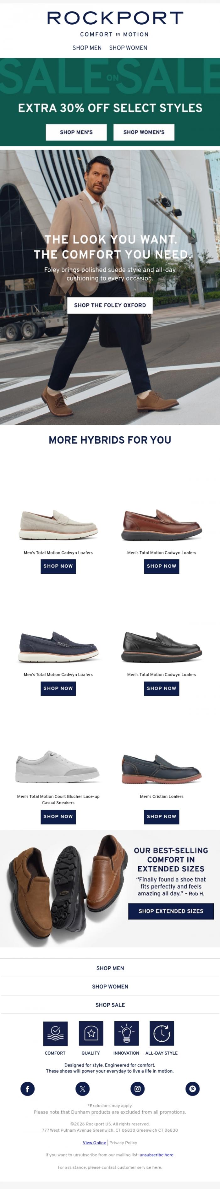 Email Design Inspiration from Rockport, Oxfords & Slips Ons with an EXTRA 30% OFF Sale