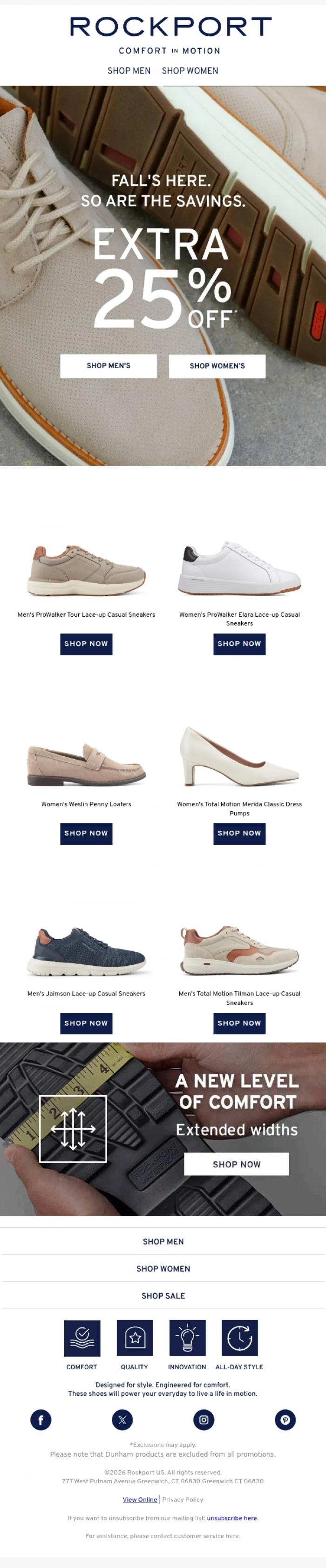 Email Design Inspiration from Rockport, Attn: EXTRA 25% OFF