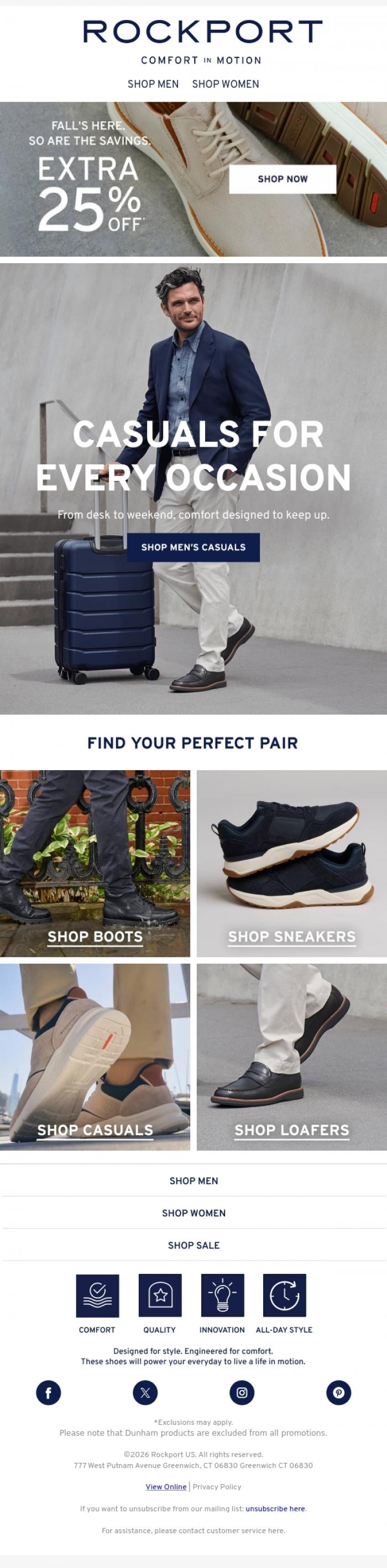 Email Design Inspiration from Rockport, Find Your Go-To Casuals | EXTRA 25% OFF