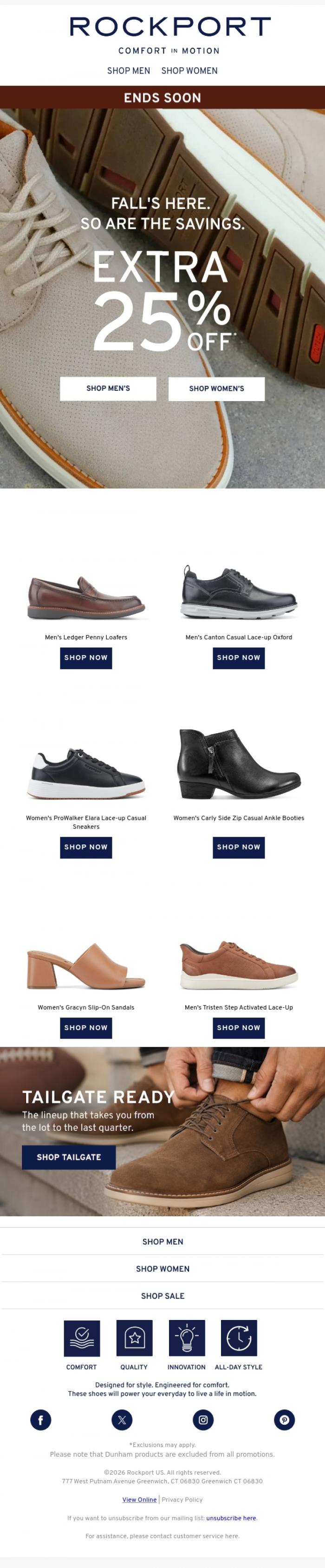 Email Design Inspiration from Rockport, Hurry! Extra 25% Off Ends Soon...