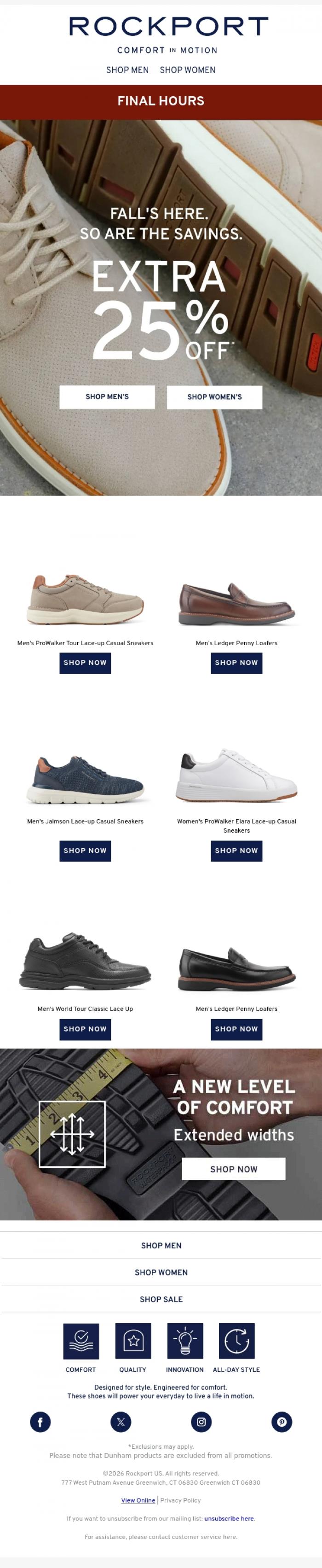 Email Design Inspiration from Rockport, FINAL HOURS: Extra 25% Off