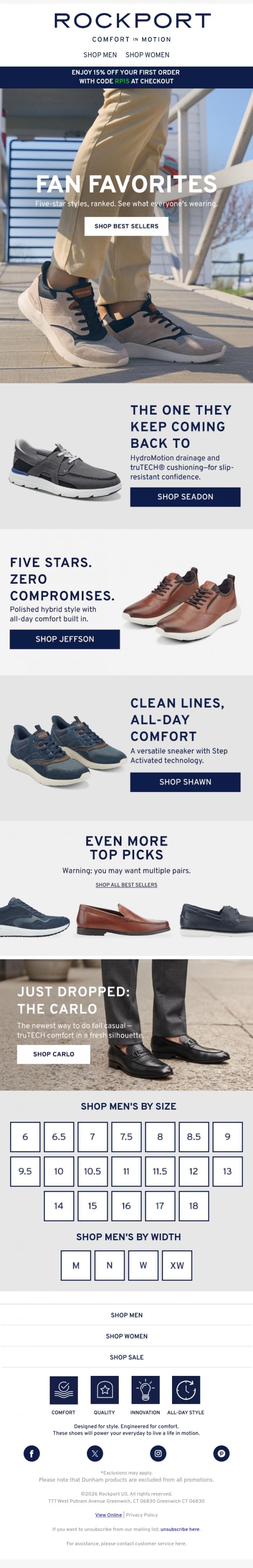 Email Design Inspiration from Rockport, Most Loved, Most Worn, Most Reordered