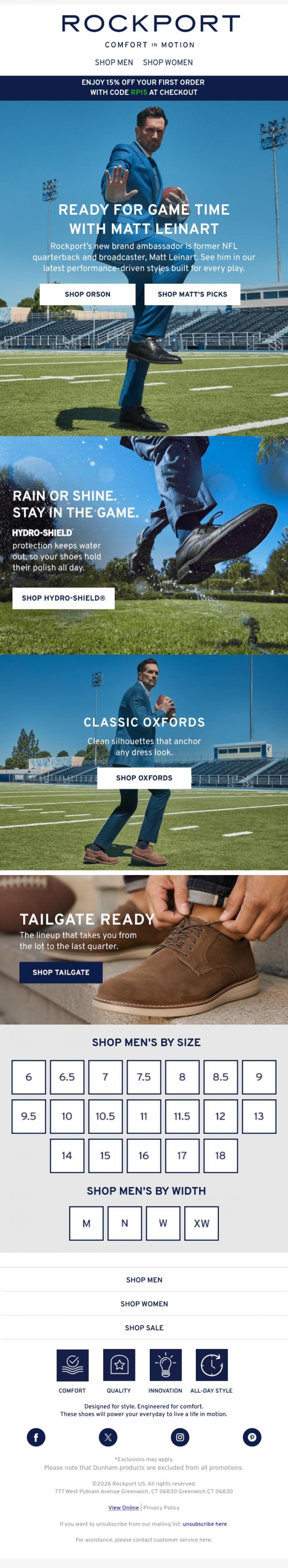 Email Design Inspiration from Rockport, Pro-Level Comfort, Approved by Matt Leinart