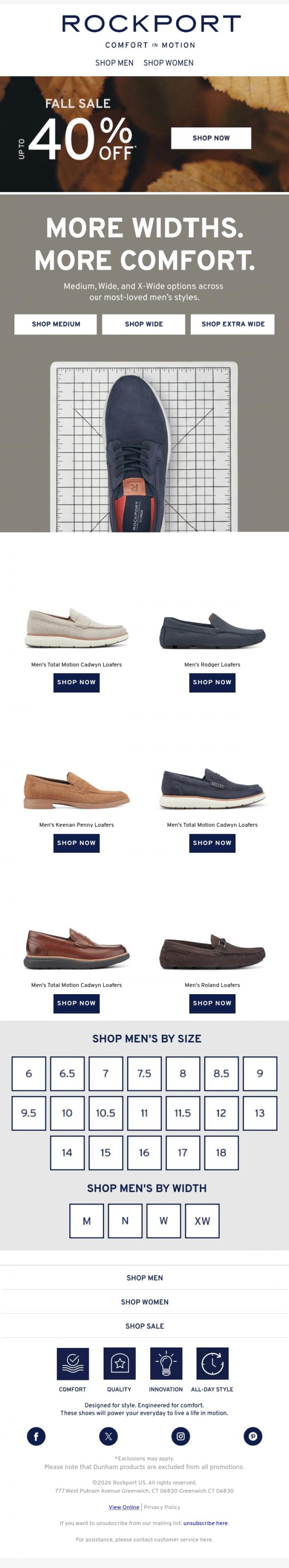 Email Design Inspiration from Rockport, From Narrow to Extra Wide-UP TO 40% OFF