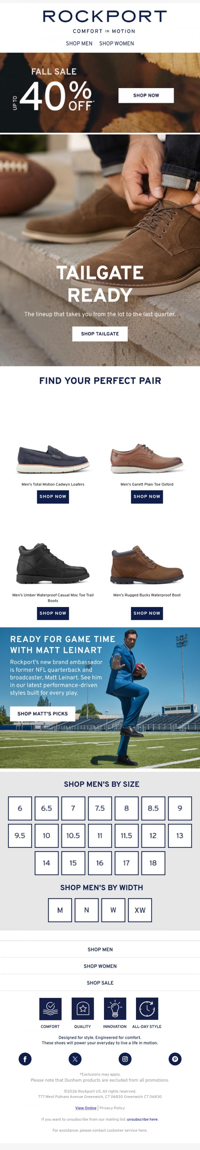 Email Design Inspiration from Rockport, Tailgate Ready & 40% Off