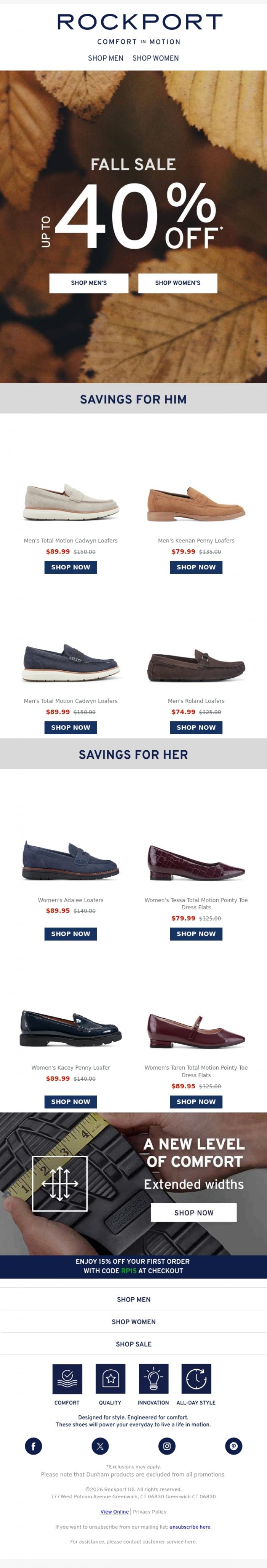 Email Design Inspiration from Rockport, Sunday Steal &rarr; 40% OFF His & Hers Best