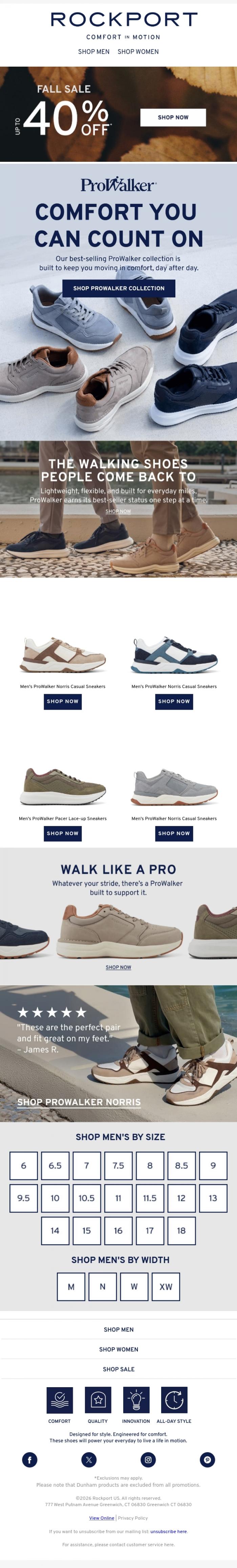 Email Design Inspiration from Rockport, Final Days! 40% Off Legendary Comfort