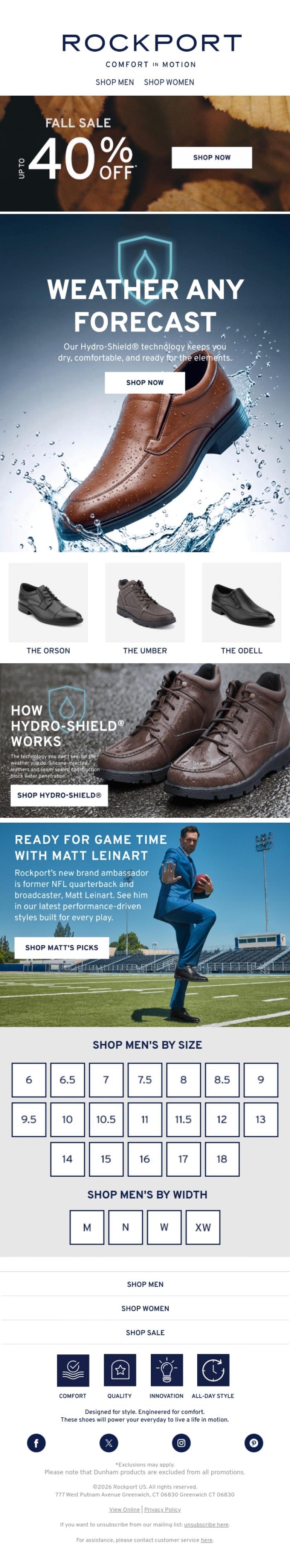 Email Design Inspiration from Rockport, The Tech That Keeps You Dry All Day | 40% Off