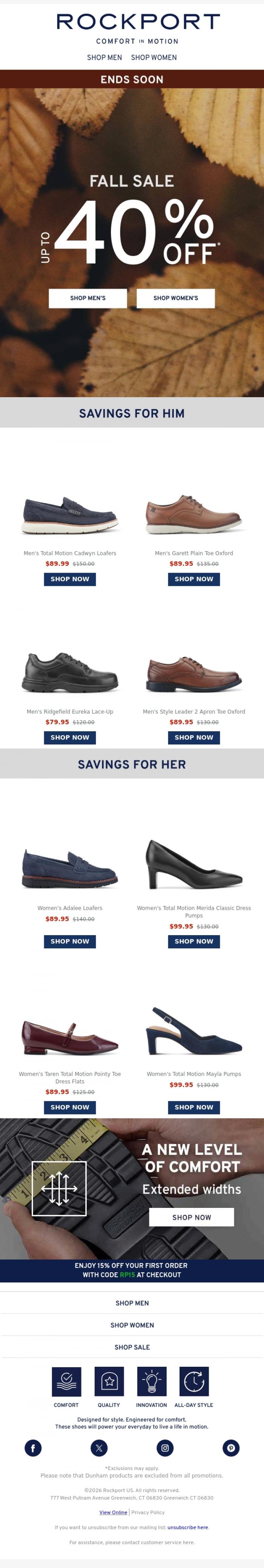Email Design Inspiration from Rockport, Fill Your Cart! 40% OFF ENDS SOON