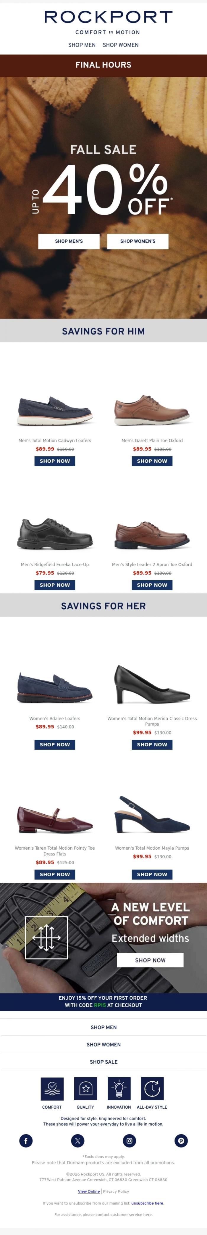 Email Design Inspiration from Rockport, Hurry, Your 40% Off Expires at Midnight