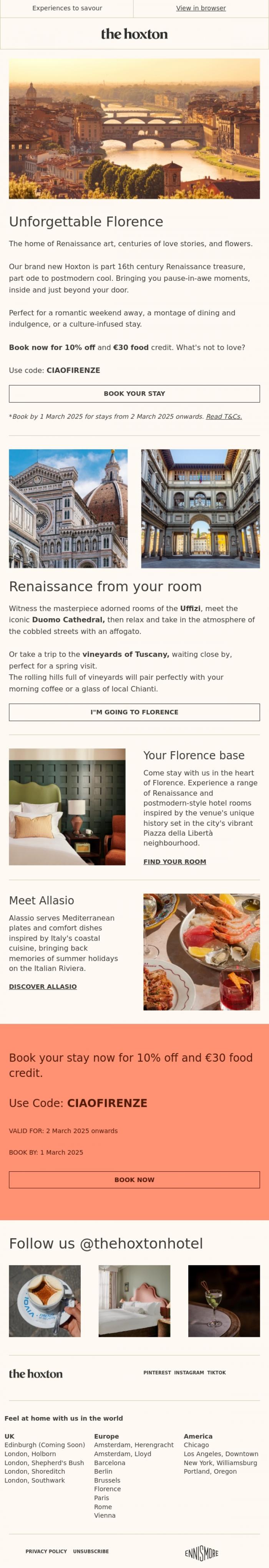 Email Design Inspiration from Rossella from The Hoxton, Romance and Florence, a perfect pairing