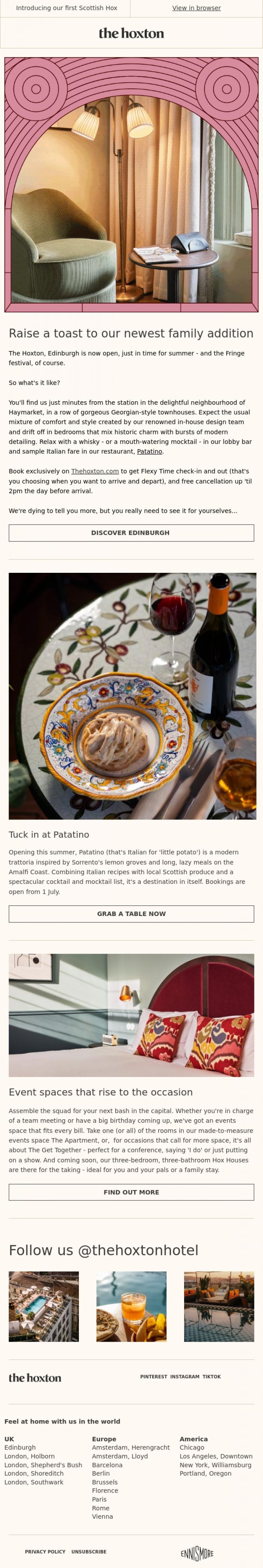 Email Design Inspiration from Rossella from The Hoxton, The Hoxton, Edinburgh is OPEN!