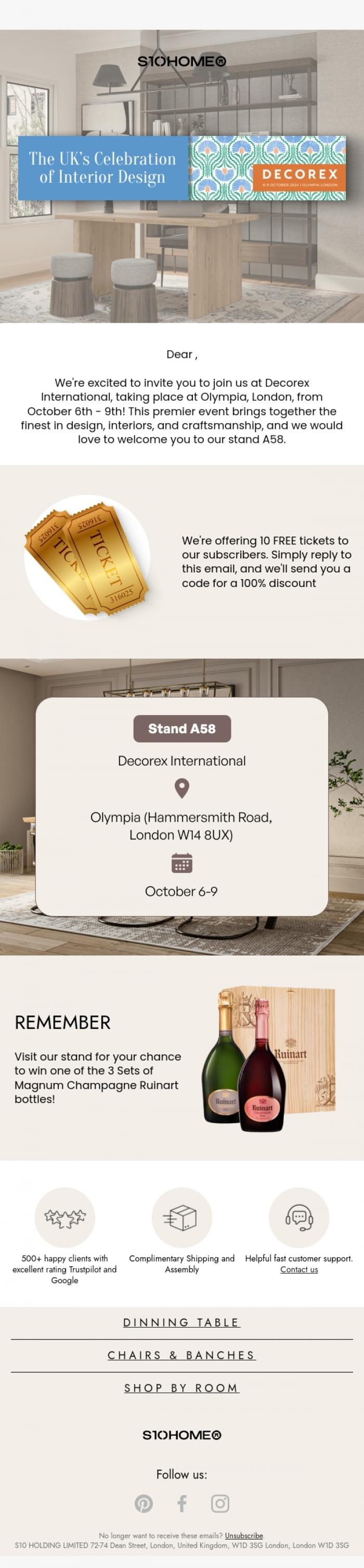Email Design Inspiration from S10Home, We're Exhibiting at Decorex 2024!