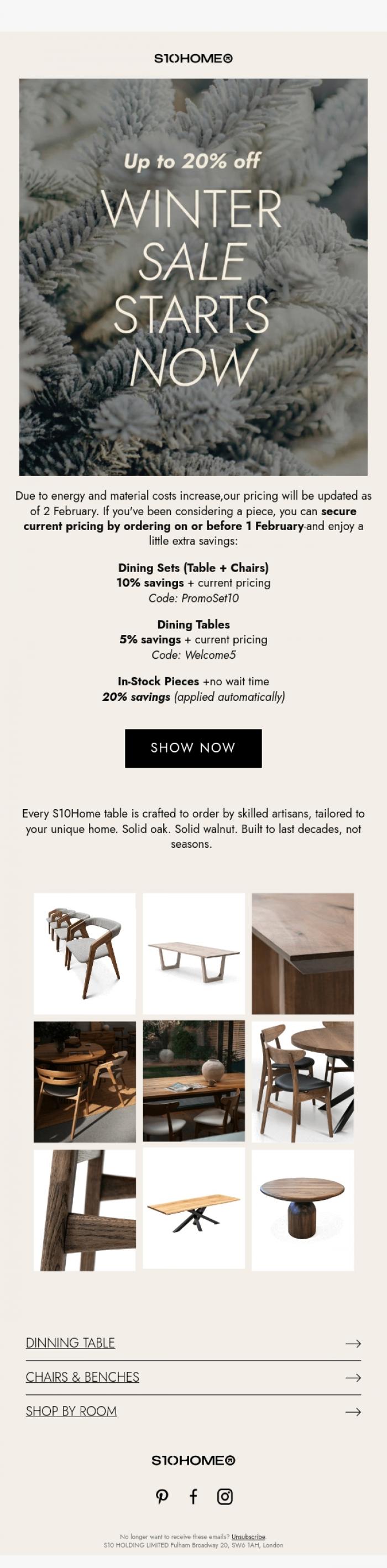 Email Design Inspiration from S10HOME, The Table You've been considering? Secure Best Price by 1 Feb