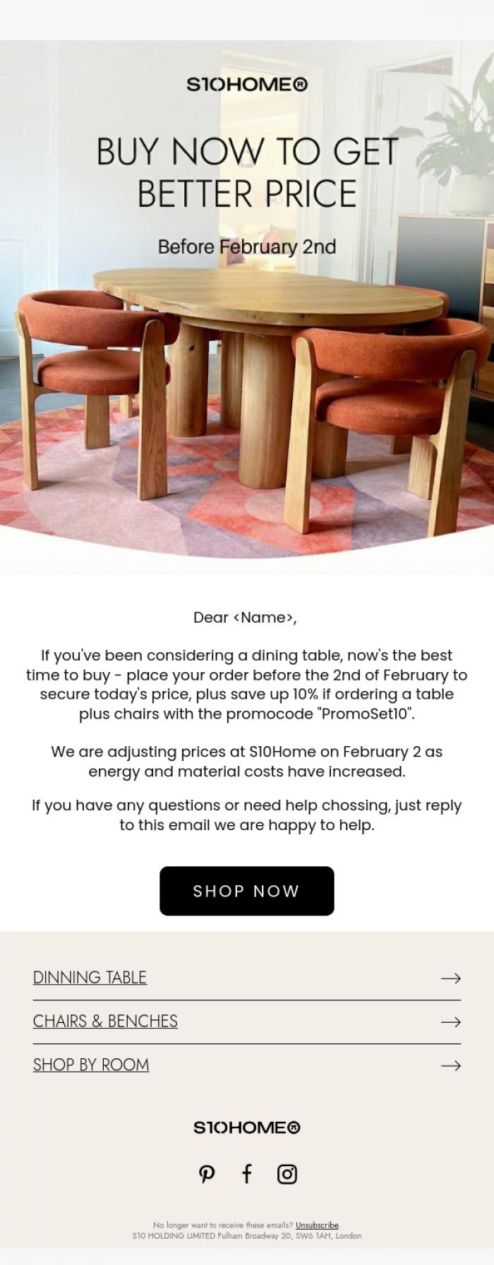 Email Design Inspiration from S10HOME, Don't pay more later for your handmade table