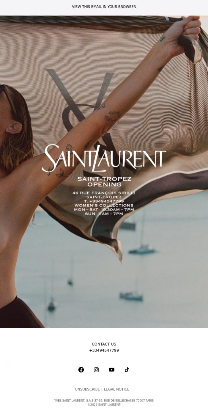 Email Design Inspiration from SAINT LAURENT, Saint-Tropez - Seasonal Opening