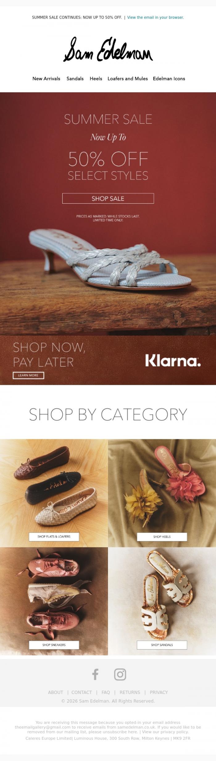 Email Design Inspiration from Sam Edelman, SUMMER SALE: NOW UP TO 50% OFF SELECT STYLES.