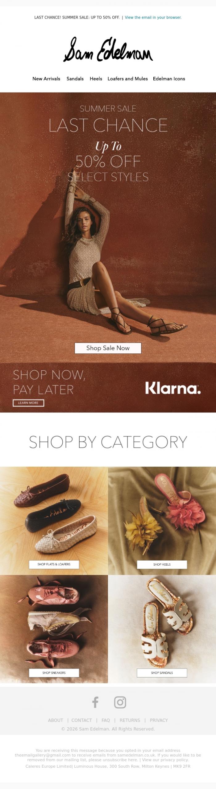 Email Design Inspiration from Sam Edelman, LAST CHANCE: UP TO 50% OFF SELECT STYLES ENDS MIDNIGHT SUNDAY.