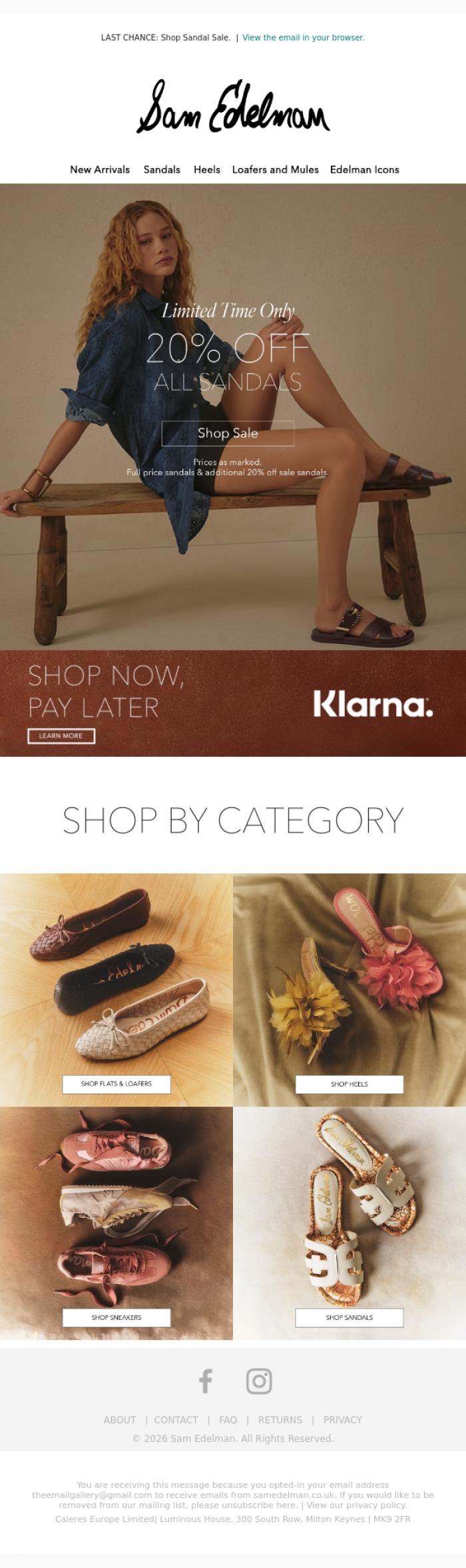 Email Design Inspiration from Sam Edelman, LAST CHANCE: 20% Off Full Price & Sale Sandals Ends Midnight Today.