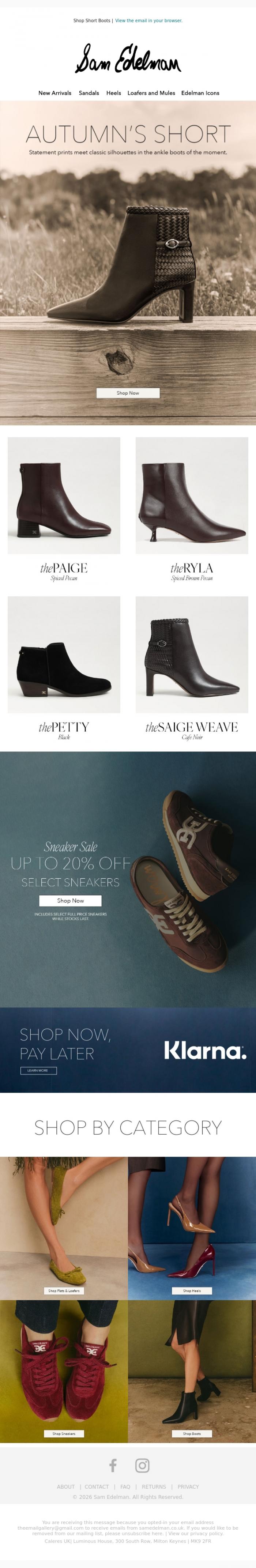 Email Design Inspiration from Sam Edelman, LAST CHANCE: UP TO 20% OFF SELECT SNEAKERS ENDS MIDNIGHT SUNDAY