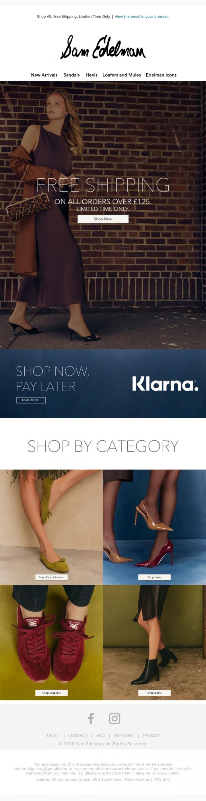 Email Design Inspiration from Sam Edelman, FREE SHIPPING ON ORDERS OVER &pound;125