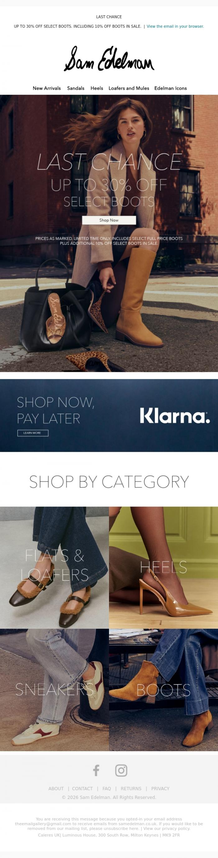 Email Design Inspiration from Sam Edelman, LAST CHANCE: UP TO 30% OFF SELECT BOOTS ENDS MIDNIGHT TODAY.