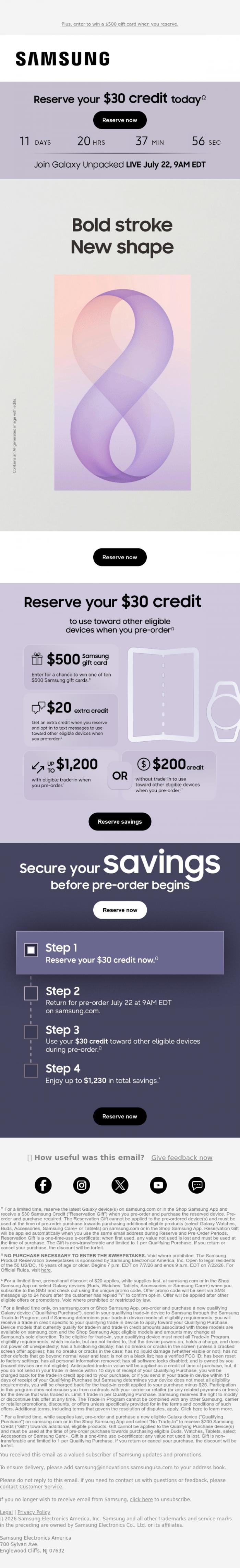 Email Design Inspiration from Samsung, John, reserve your $30 credit today