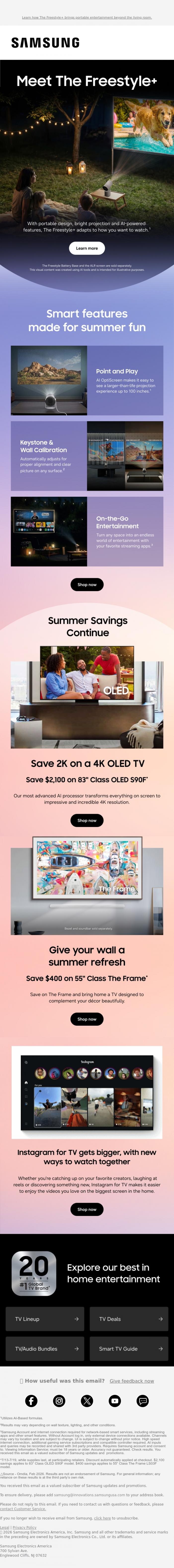 Email Design Inspiration from Samsung,     📽️ John, The Freestyle+ goes where summer goes    
